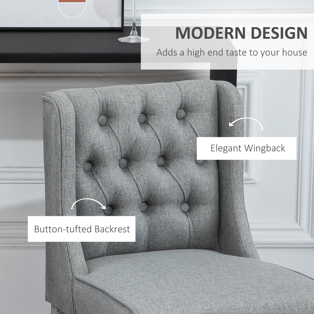 26.25" Counter Height Bar Stools, Tufted Wingback Armless Upholstered Dining Chair with Rubber Wood Legs, Set of 2, Gray