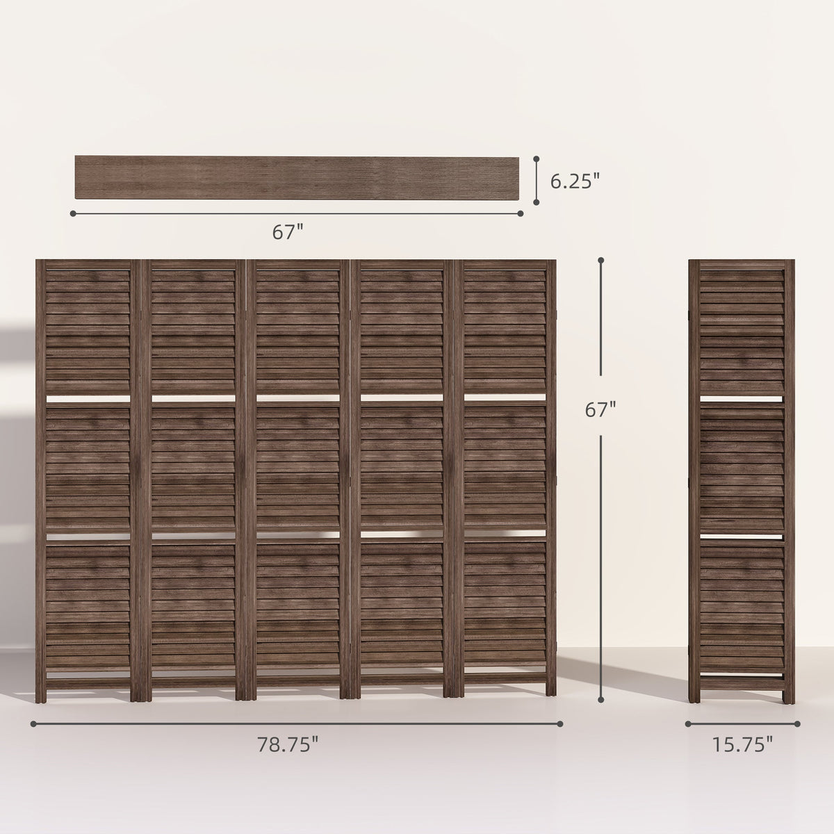 5 Panel 67" Tall Wood Privacy Screen Room Divider with 3 Shelves and Folding Storage for Bedroom, Walnut