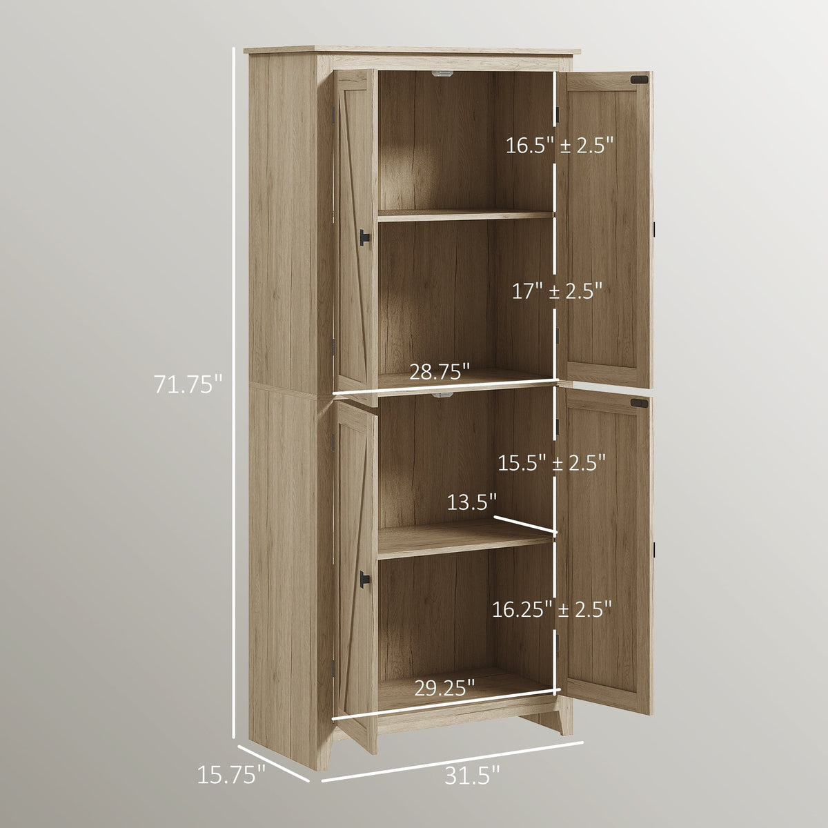 72" Freestanding Kitchen Pantry Cabinet, Farmhouse Tall Storage Cabinet with 4 Door Cabinets and Adjustable Shelves for Dining Room, Natural