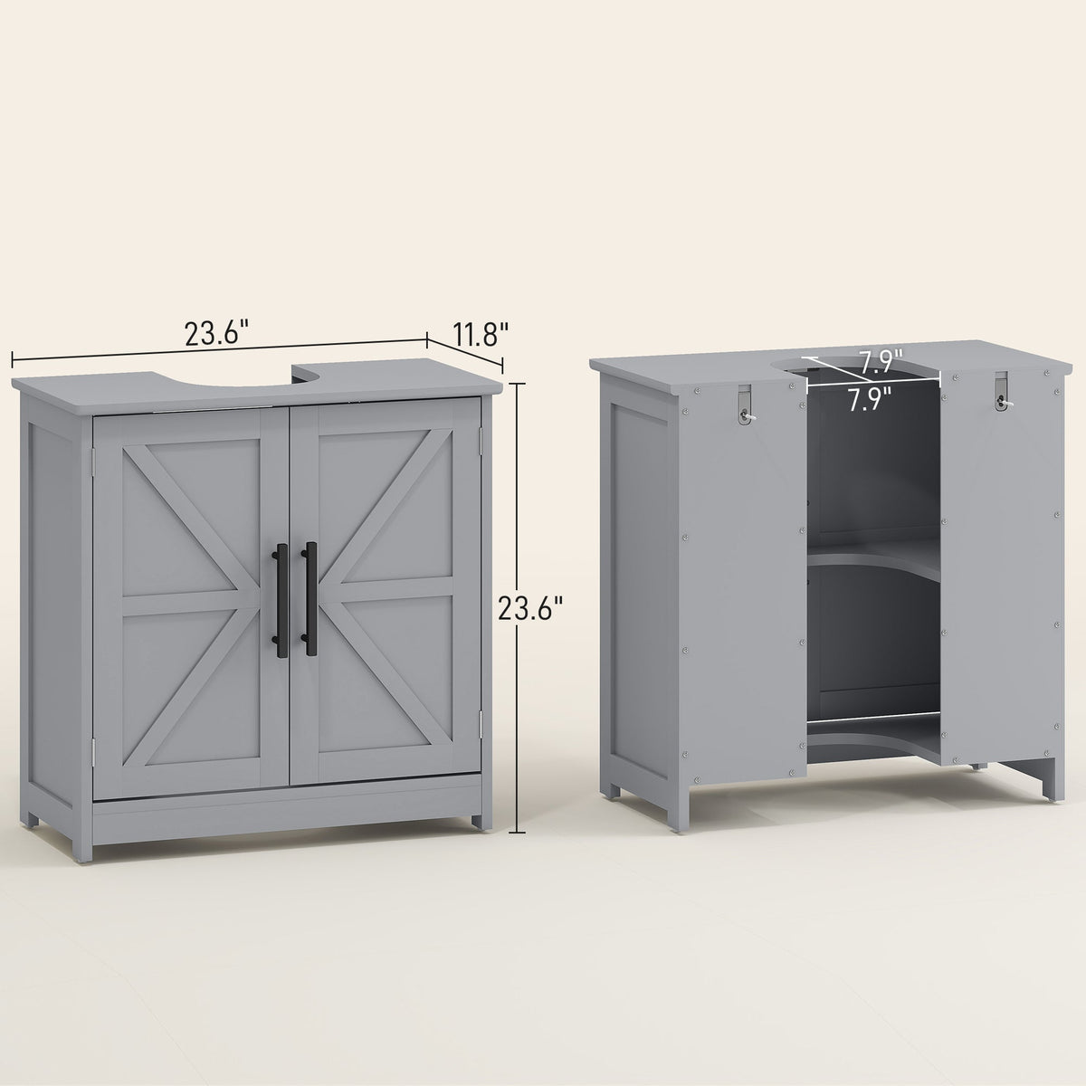 Farmhouse Pedestal Sink Storage Cabinet, Bathroom Sink Cabinet with 2 Barn Doors and Adjustable Shelf, Dark Gray
