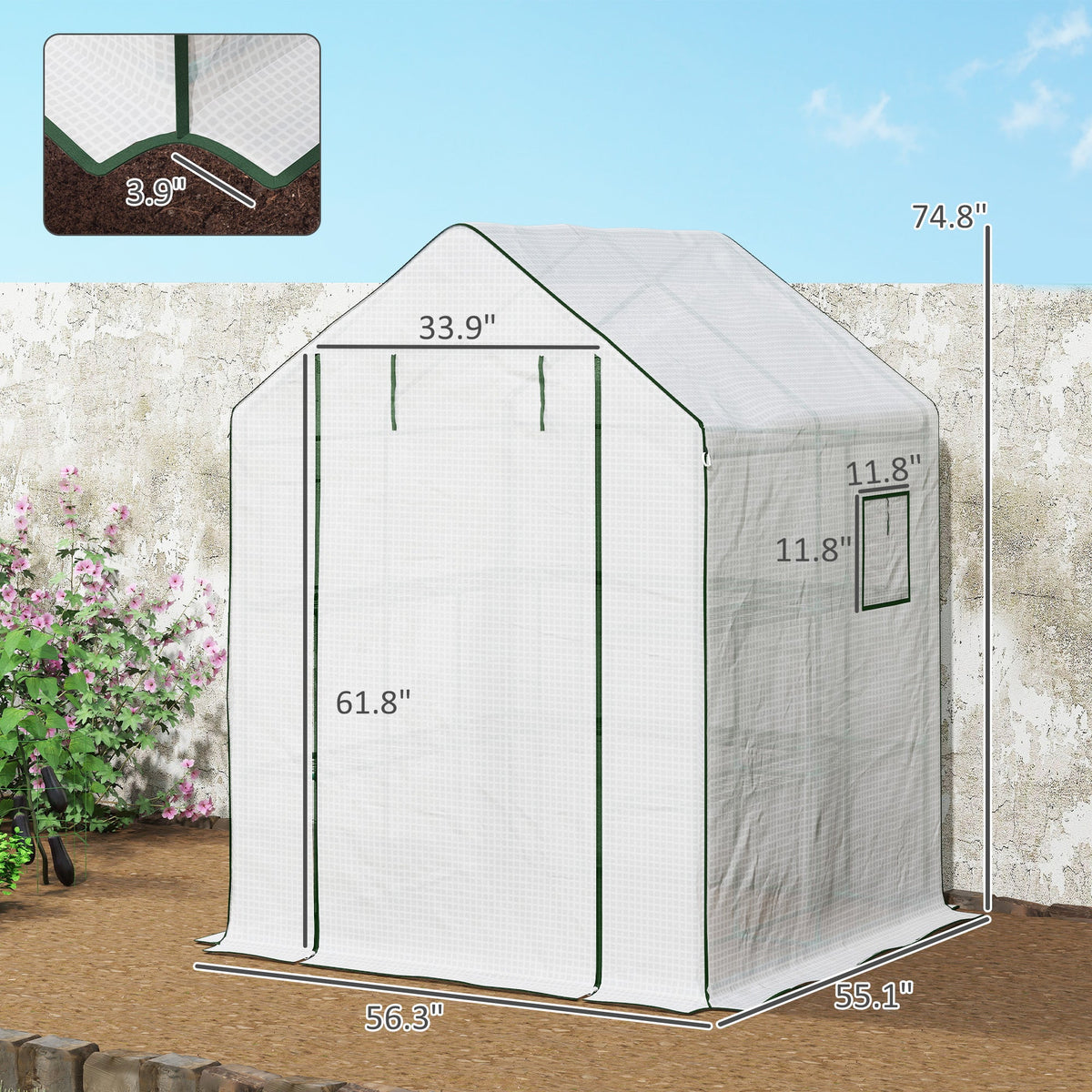 Portable Greenhouse, Water/UV Resistant Walk-In Small Outdoor Green House with 2 Tier Flower Rack Shelves, White