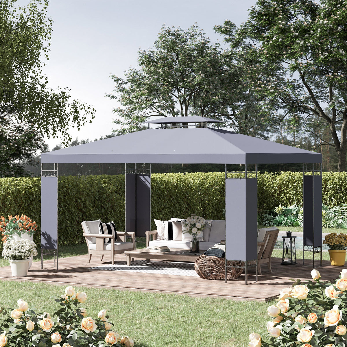 9.6' x 13' Patio Gazebo, Double Roof Outdoor Gazebo Canopy Shelter with Screen Decorate Corner Frame, for Garden, Lawn, Backyard and Deck, Gray