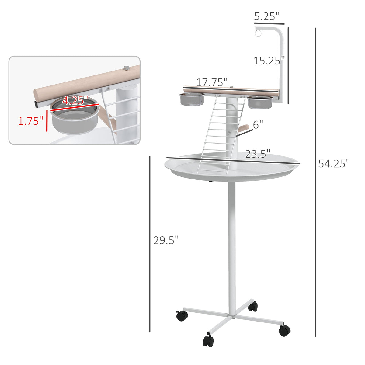 Bird Stand with Wheels, Perches, Feed Bowls, Round Tray for Parrot