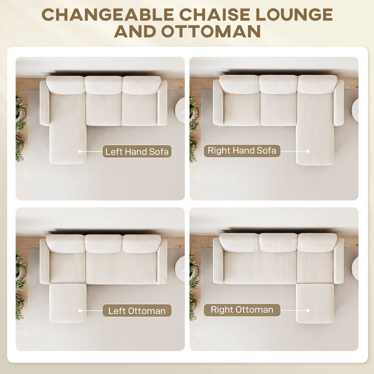 Sectional Sofa, L Shaped Couch, with Reversible Chaise or Ottoman, Cream White