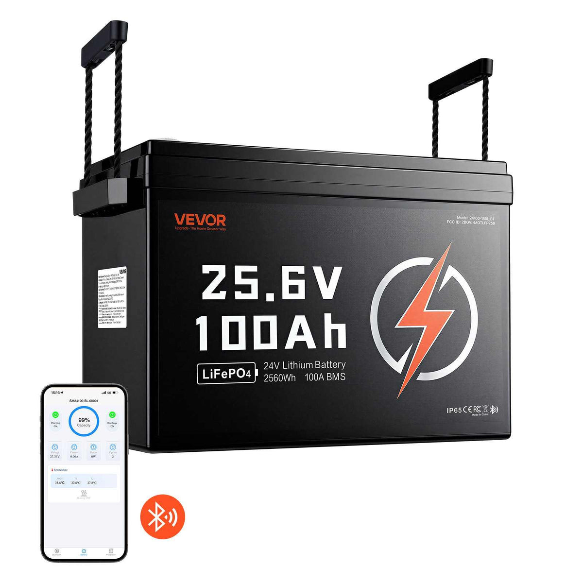 24V 100Ah LiFePO4 Lithium Battery 4000+ Cycles 100A BMS with Bluetooth, 2560Wh Lithium Battery with Low Temperature Protection, Supports 8P2S Connection, for RV, Trolling Motor, Marine, Solar
