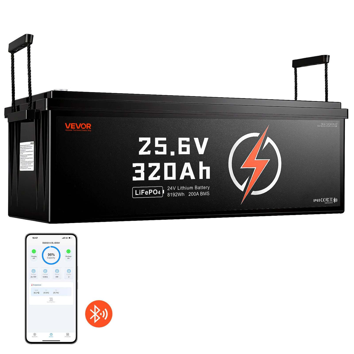 24V 320Ah LiFePO4 Lithium Battery 4000+ Cycles 200A BMS with Bluetooth, 8192Wh Lithium Battery with Low Temperature Protection, Supports 8P2S Connection, for RV, Trolling Motor, Marine, Solar