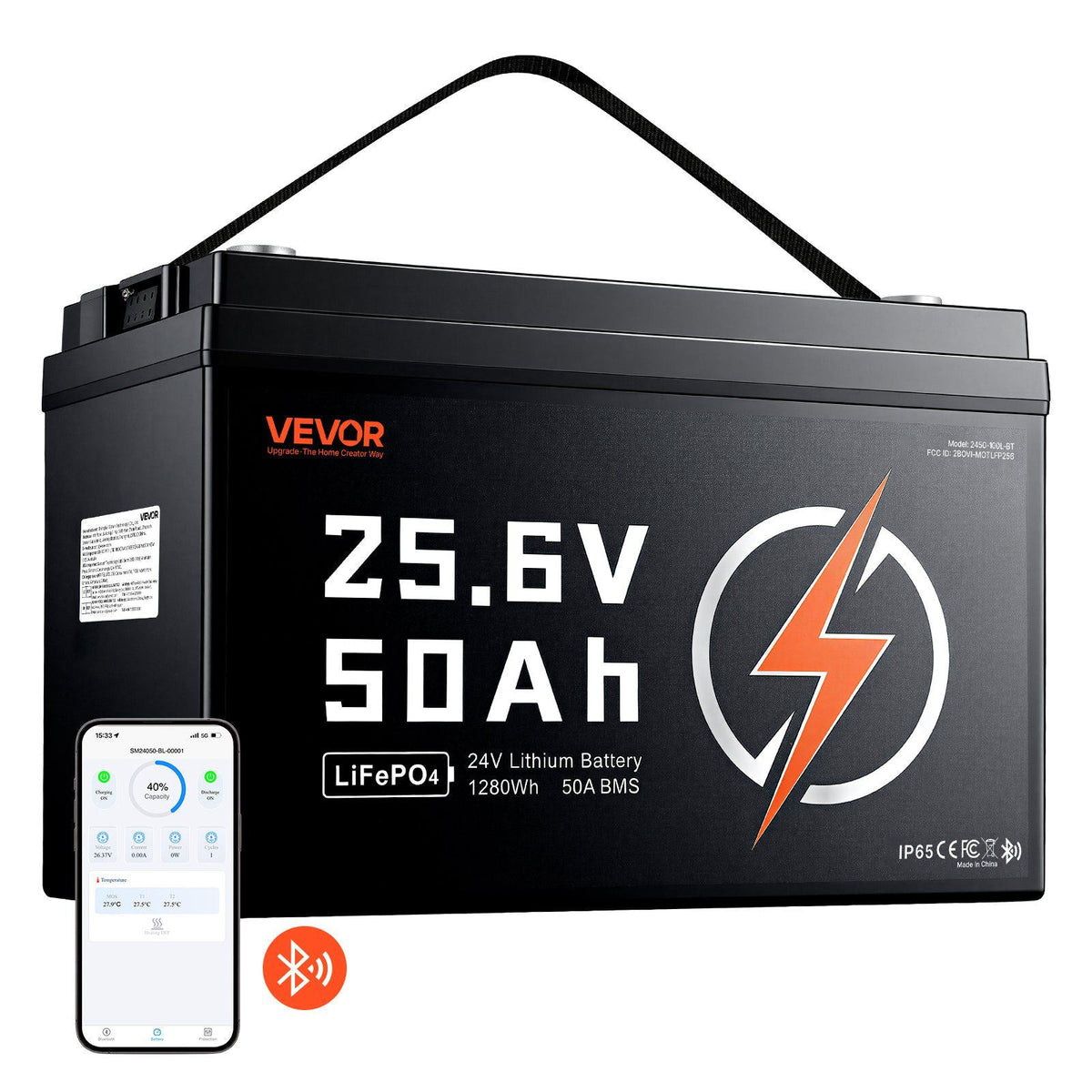 24V 50Ah LiFePO4 Lithium Battery 4000+ Cycles 50A BMS with Bluetooth, 1280Wh Lithium Battery with Low Temperature Protection, Supports 8P2S Connection, for RV, Trolling Motor, Marine, Solar