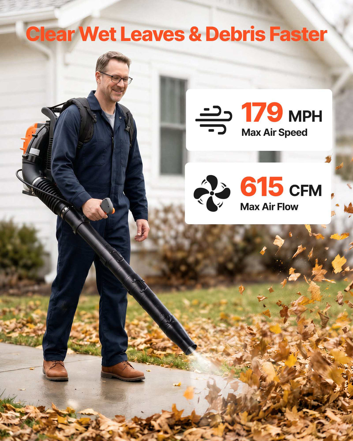 Backpack Leaf Blower, 75.6CC 4-Stroke Engine Gas Powered Leaf Blower with 1.8L Fuel Tank, 615 CFM Air Volume, 179 MPH Air Speed, Ideal for Lawn Care, Leaves Cleaning, Yard Debris & Snow Removal
