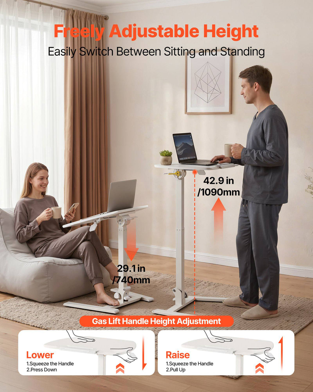 Standing Desk, Adjustable Height Mobile Stand Up Desk with Tilting Desktop, 25.6 x 19 in Small Computer Sit Stand Workstation, 33 lbs Capacity, Pneumatic Lift for Home Office, Fully Assembled