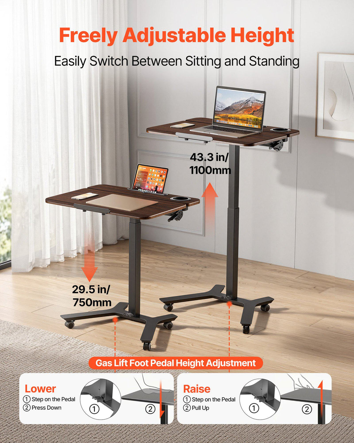 Standing Desk, Adjustable Height Mobile Stand Up Desk with Tilting Desktop, 28.2 x 20.7 in Small Computer Sit Stand Workstation, 33 lbs Capacity, Foot Pedal Pneumatic Lift for Home, Office