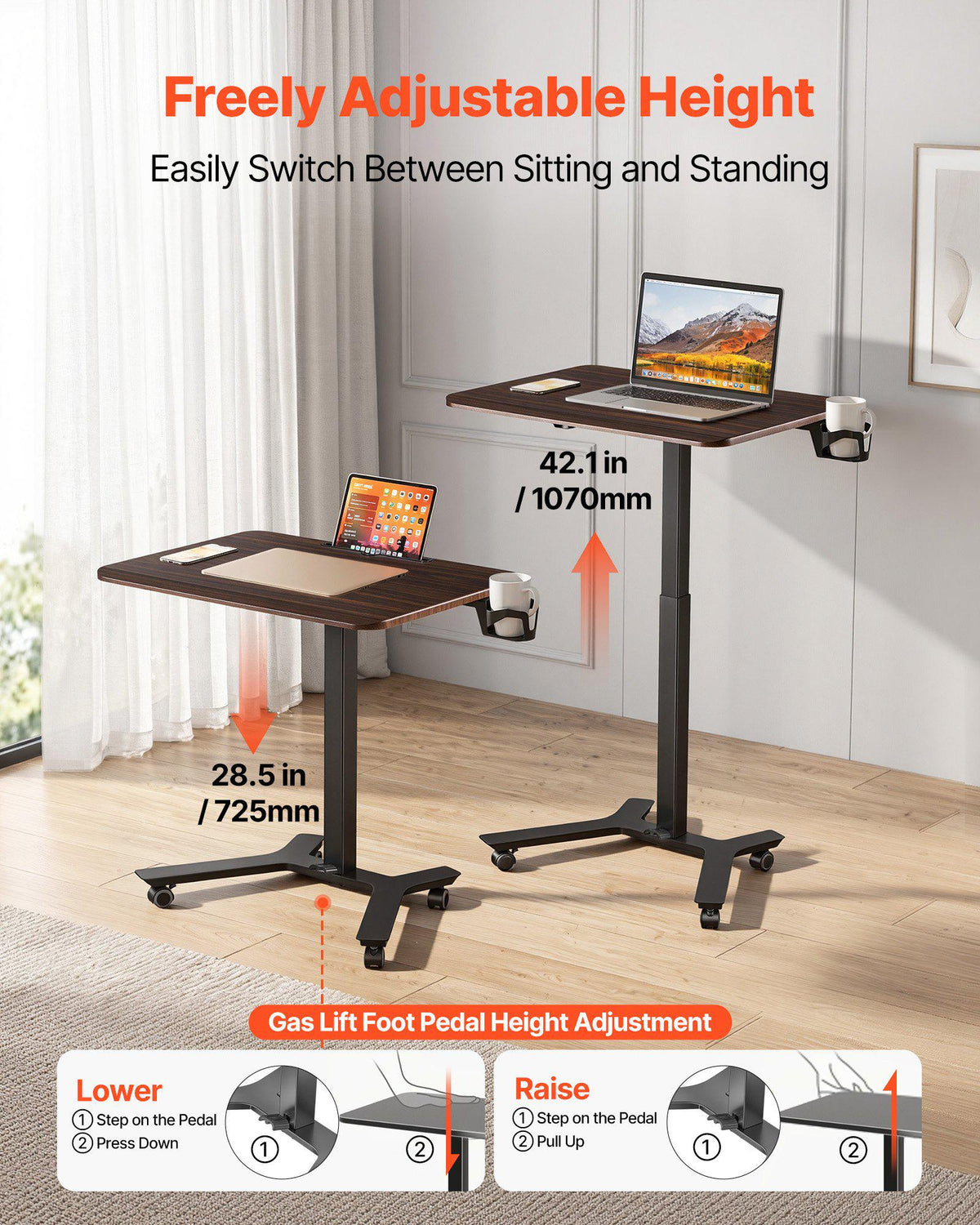 Standing Desk, Adjustable Height Mobile Stand Up Desk w/ Casters, 28.2 x 20.5 in Small Computer Sit Stand Rolling Workstation w/ Hook, 33 lbs Capacity, Foot Pedal Pneumatic Lift for Home Office
