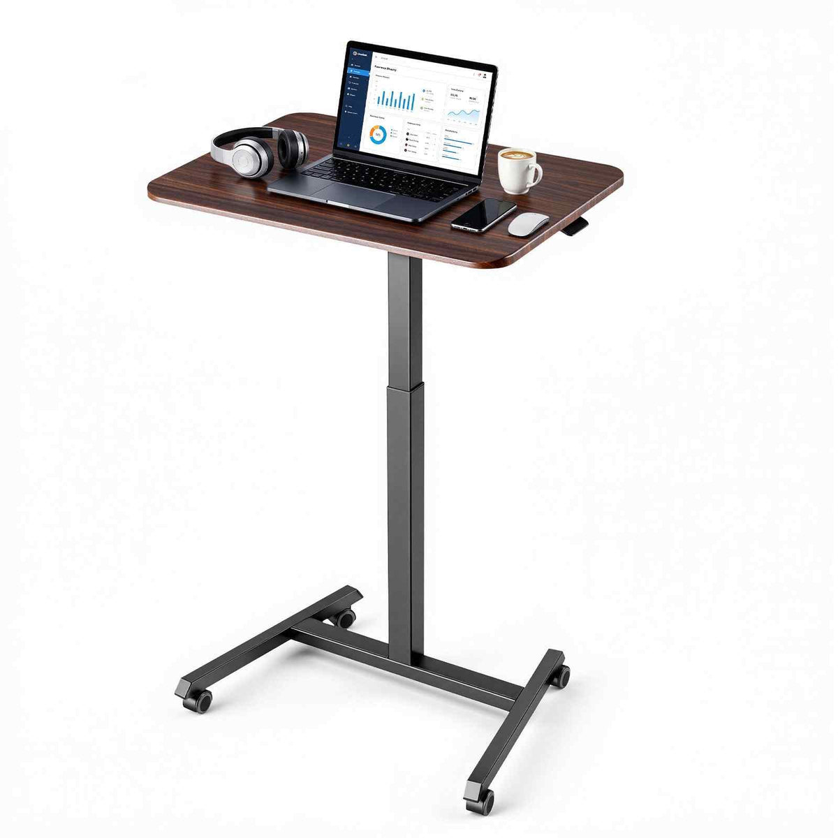 Standing Desk, Adjustable Height Mobile Stand Up Desk with 4 Casters, 25.6 x 19 in Small Computer Sit Stand Rolling Workstation with Hook, 33 lbs Desktop Capacity, Ideal for Home Office, Brown