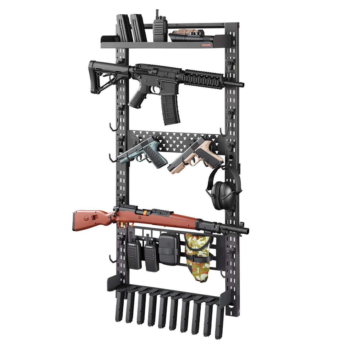 Rack Wall Mount, Heavy Duty Steel, Indoor n Rack with Magazine Holder, MOLLE Panel, Accessories Display Storage Holder, Hold Up to 5