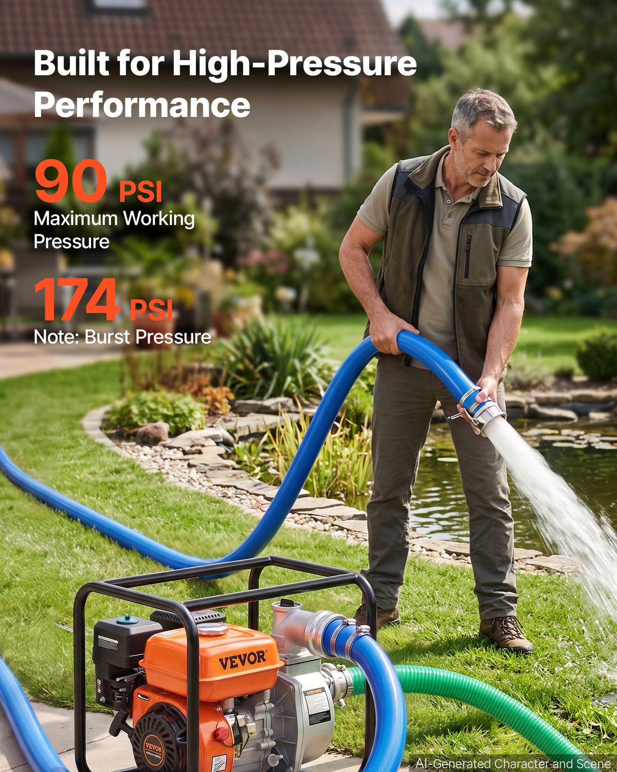 3" Suction Hose Kit 65' Blue PVC Backwash 20' Green Suction Hose, for Swimming Pools Water Pumps, Ready-to-Use Setup, with Round-Hole Strainer, Cam & Groove Adapter, Stainless Steel Clamp