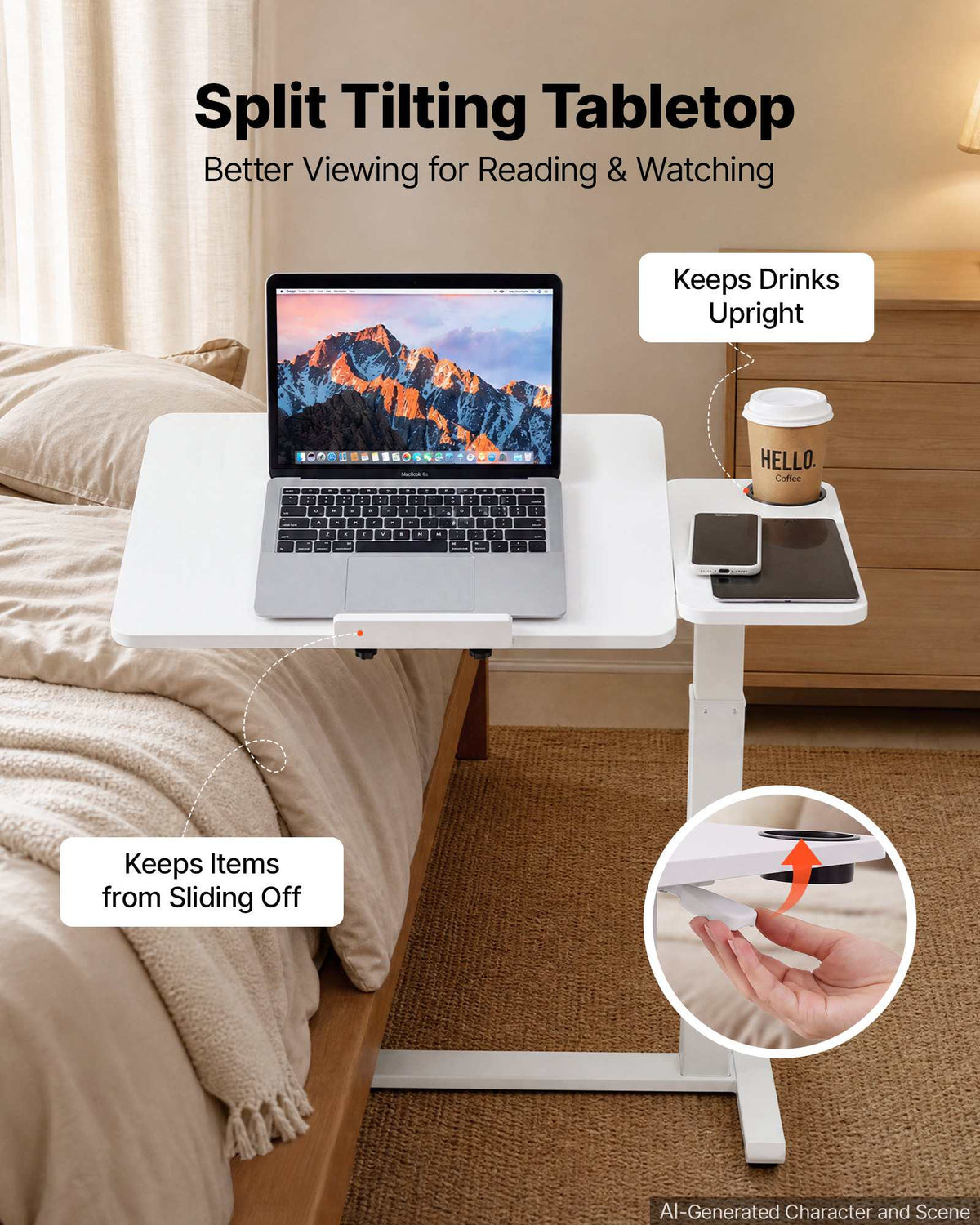 Overbed Table 31.5"W x 15.7"D Mobile Bedside Table with Wheels White, for Home Office Bed Couch, Height Adjustable Rolling Laptop Desk, Portable Standing Cart with Tilting Desktop & Cup Holder