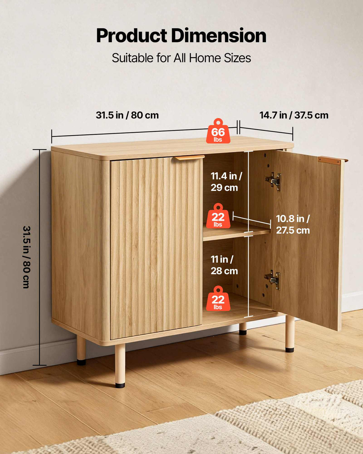 Coffee Bar Cabinet, Mid Century Fluted Coffee Bar Table with 2-Tier Storage, Buffet Stand Cabinet with 2 Barn Door, Sideboard Buffet Station for Living Room, Entryway, 31.5 x 14.7 x 31.5 in, Oak