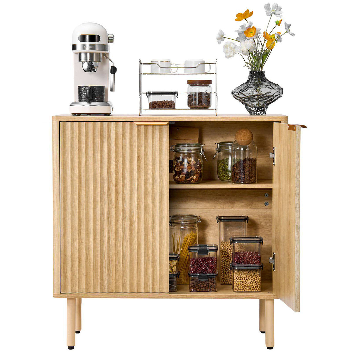 Coffee Bar Cabinet, Mid Century Fluted Coffee Bar Table with 2-Tier Storage, Buffet Stand Cabinet with 2 Barn Door, Sideboard Buffet Station for Living Room, Entryway, 31.5 x 14.7 x 31.5 in, Oak