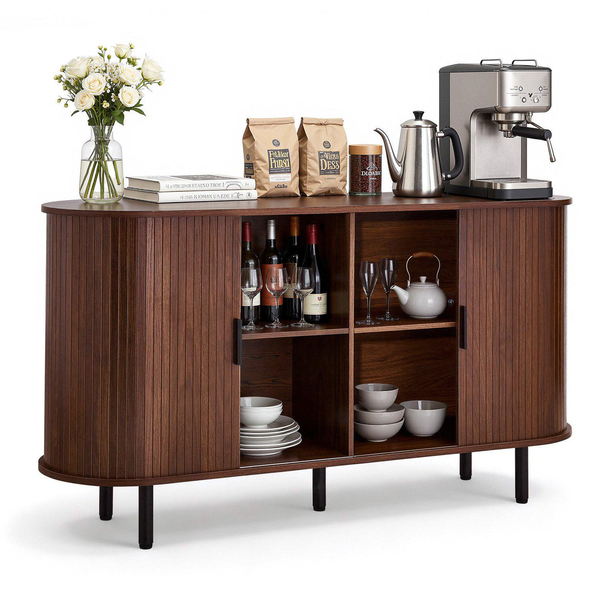 Coffee Bar Cabinet, Mid Century Fluted Coffee Bar Table, Buffet Stand Cabinet with 2 Sliding Doors, Sideboard Buffet Station for Living Room, Entryway, Kitchen, 55.1 x 15.7 x 29.5 in, Walnut