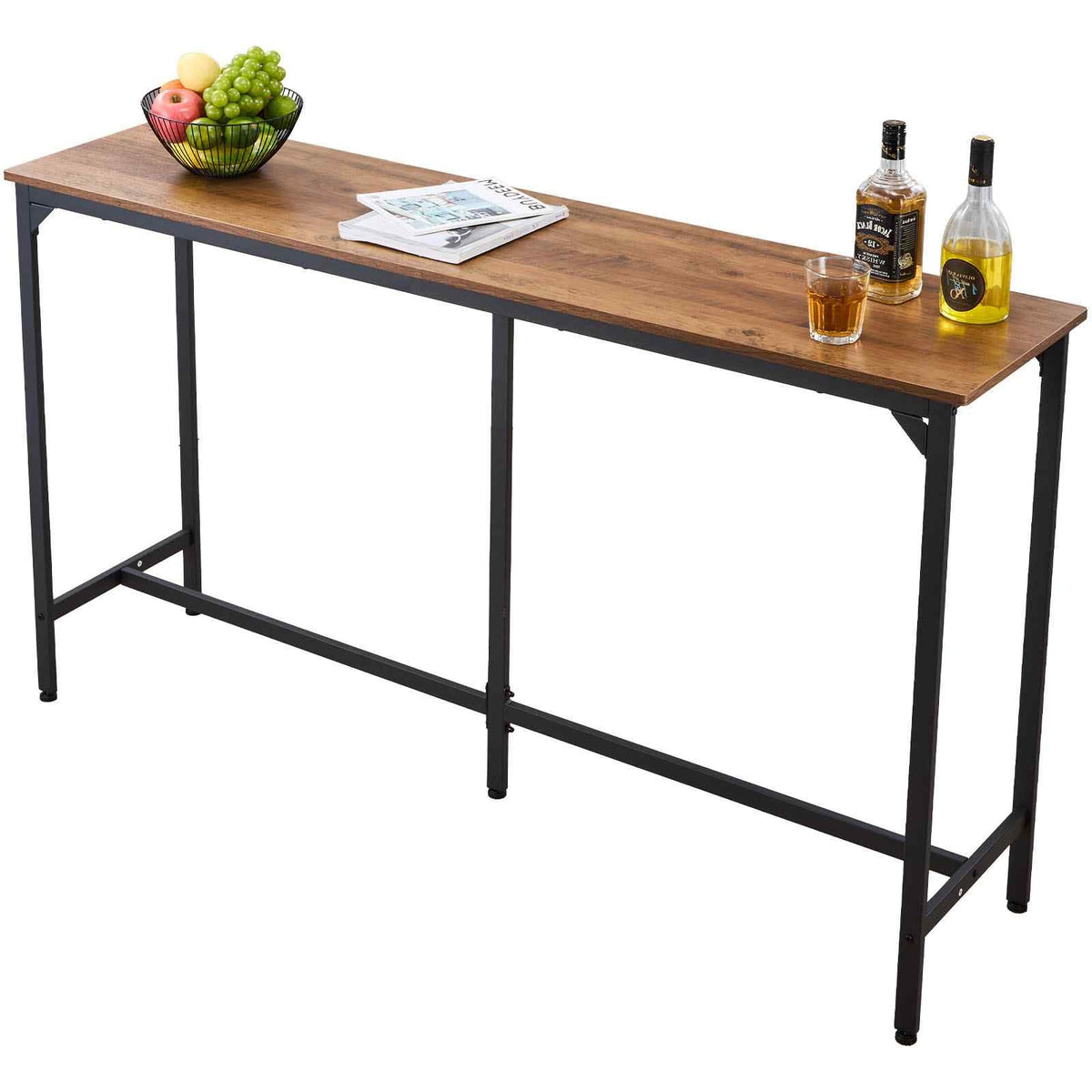 Bar Table, 1PCS 63″ Kitchen Bar Table, Tall Dining Tables with Rounded Edge, Rectangular High Top Kitchen Tables for Balcony, Living Room, Light Brown, Black, Extended Horizontal Design