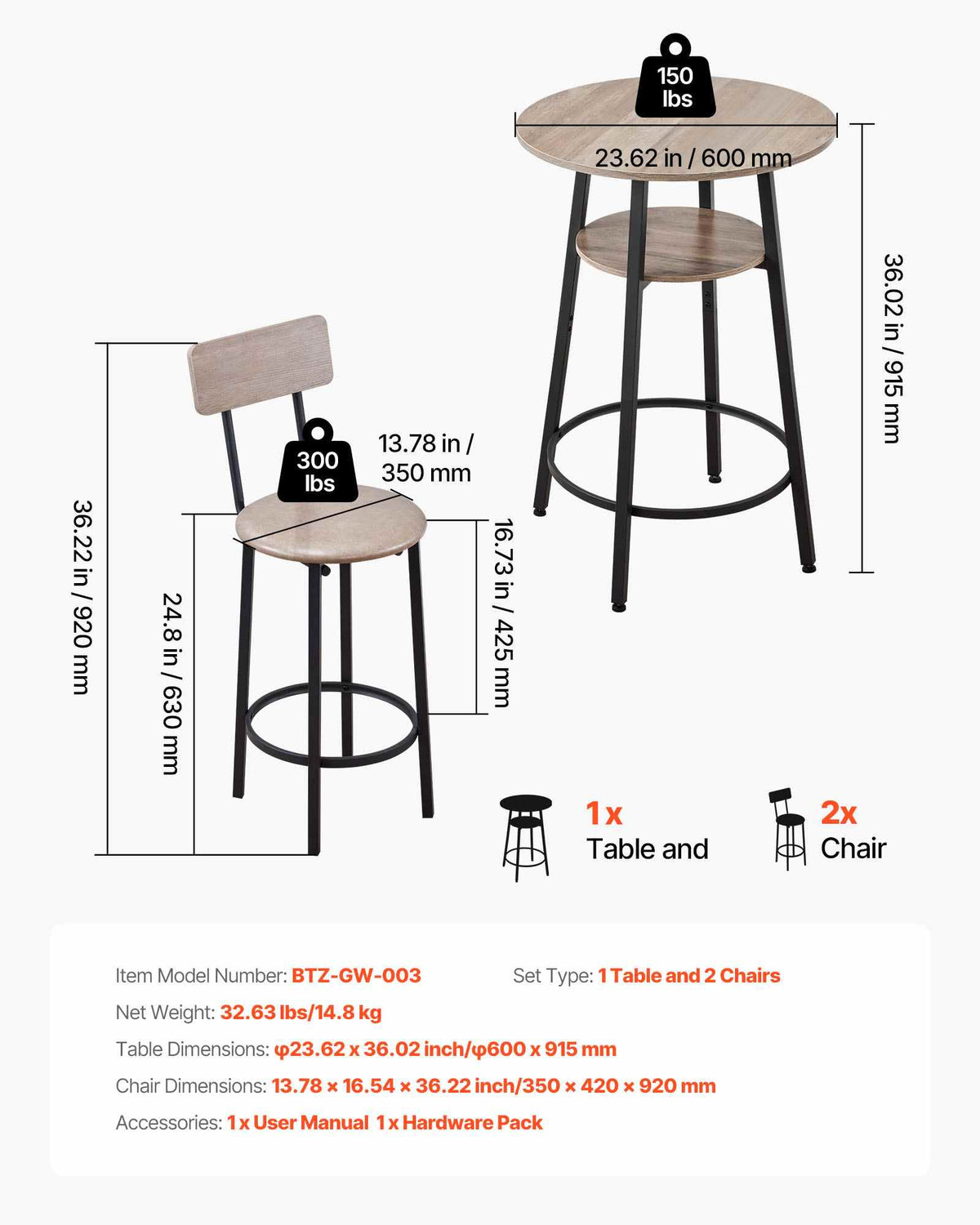Bar Table, 3PCS 23.5″ Bars Tables Set, Bar Tables and Chair Set with Rounded Corner Design, Round Pub Table with Two Stools for Office Desk, Breakfast Corner, Mini Bars, Light Gray, Black