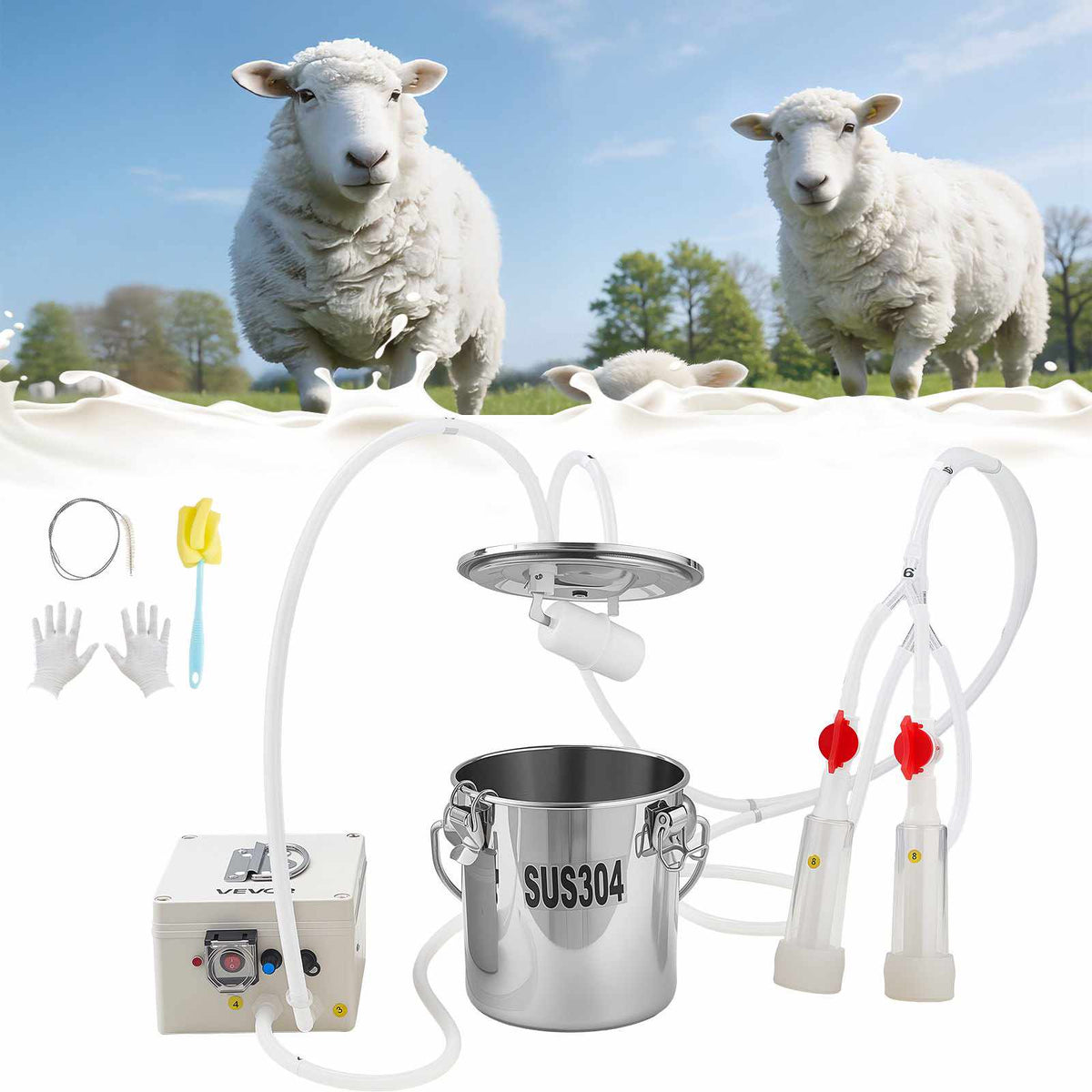 Goat Milking Machine, 0.8 Gal / 3 L Food-Grade Stainless Steel Bucket, with 5200 mAh Rechargeable Battery, 2 Teat Cups, Cordless Portable Pulsation Vaccum Electric Milking Machine for Goats Only