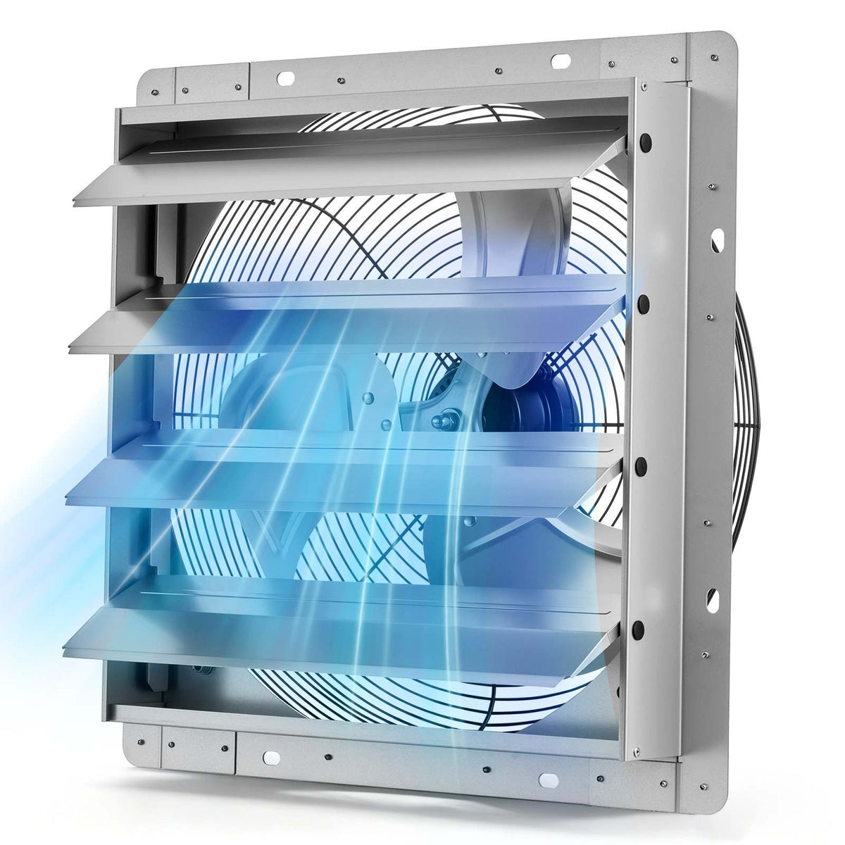 16 Inch Shutter Exhaust Fan Wall Mounted Automatic Louvers Silver, Sturdy Steel Housing, 2438 CFM Low Noise, AC Motor, Ventilation and Cooling for Attic, Garage, Barn, Greenhouse, Workshop
