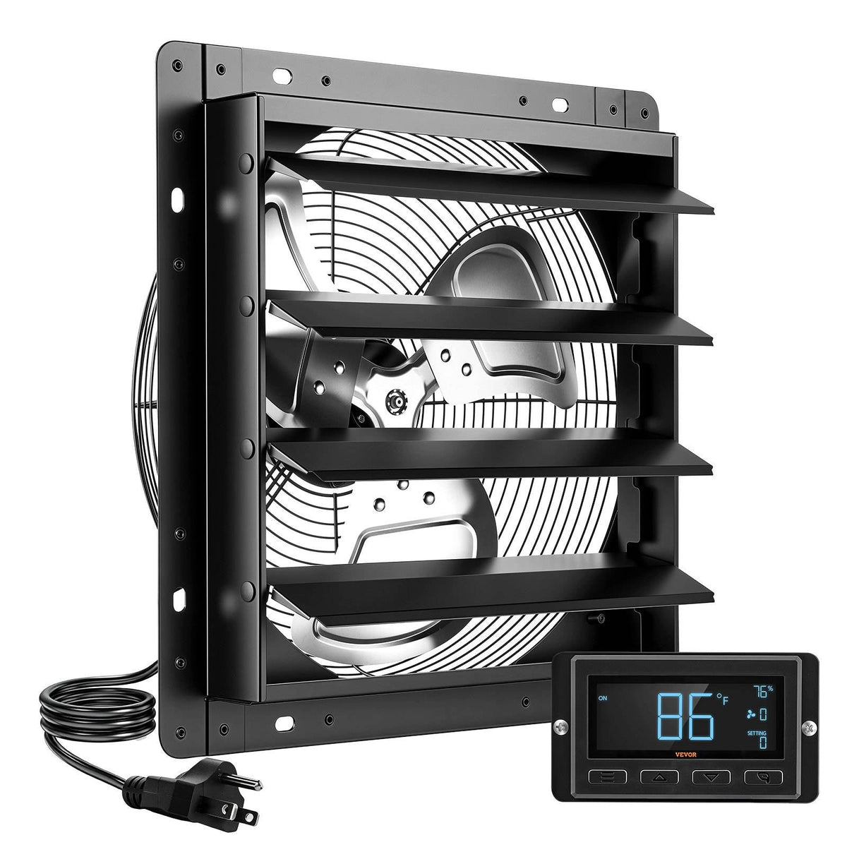 14 Inch Shutter Exhaust Fan Wall Mounted Automatic Louvers EC Motor, Steel Housing, Temperature & Humidity Controller, Ventilation & Cooling for Attic, Garage, Barn, Greenhouse, Workshop, Black