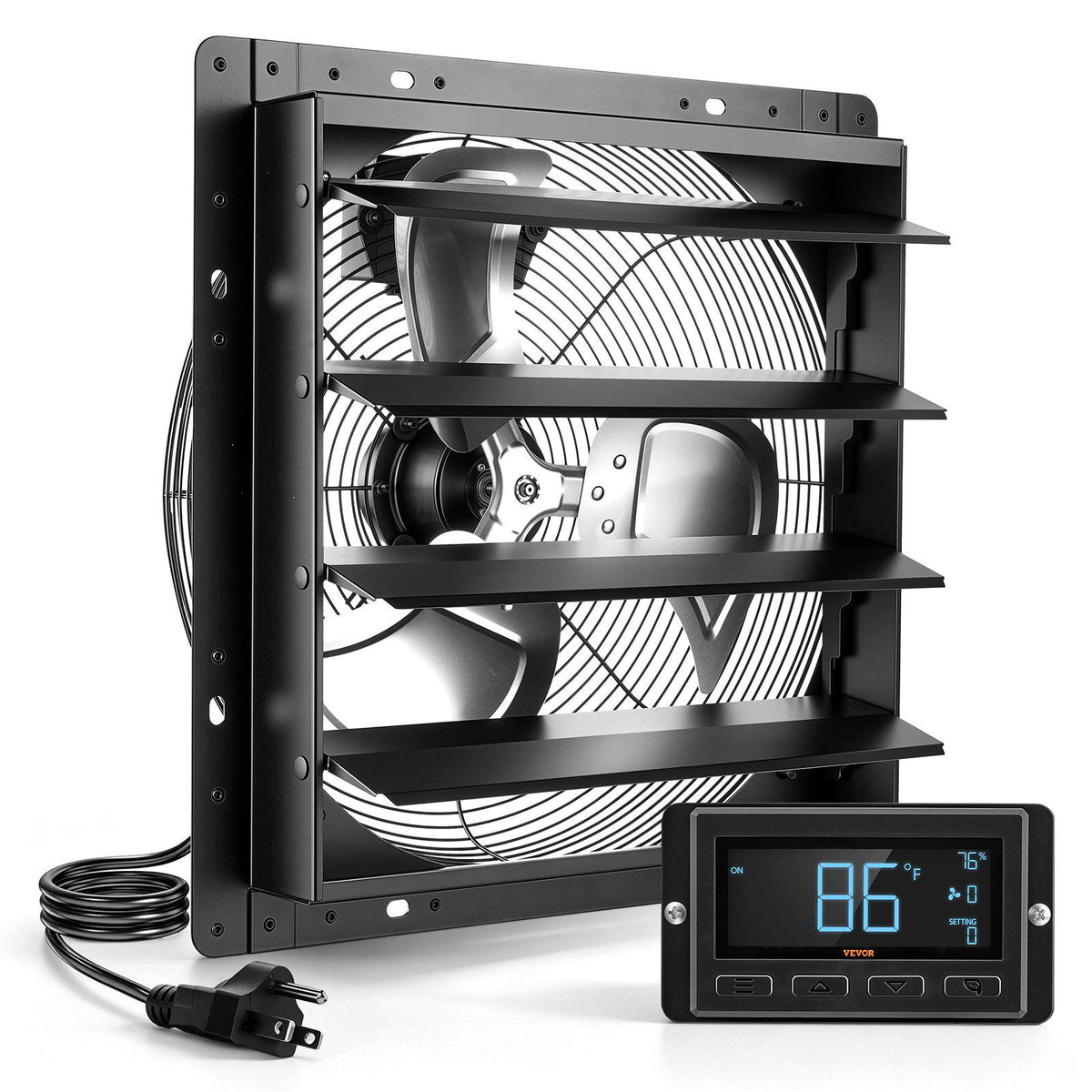 16 Inch Shutter Exhaust Fan Wall Mounted Automatic Louvers EC Motor, Steel Housing, Temperature & Humidity Controller, Ventilation & Cooling for Attic, Garage, Barn, Greenhouse, Workshop, Black