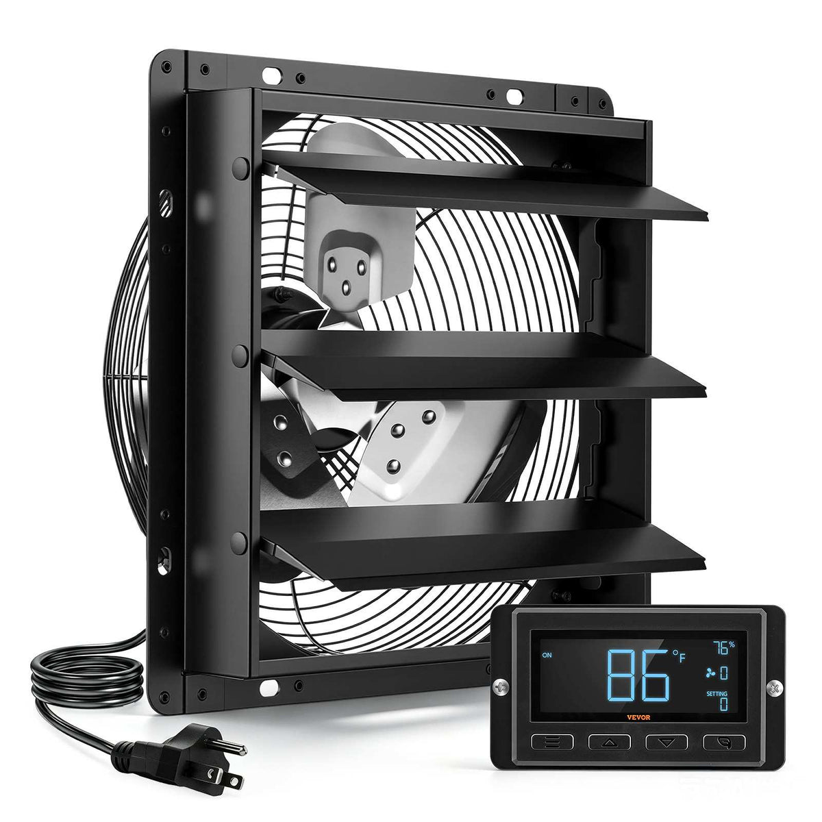 12 Inch Shutter Exhaust Fan Wall Mounted Automatic Louvers EC Motor, Steel Housing, Temperature & Humidity Controller, Ventilation & Cooling for Attic, Garage, Barn, Greenhouse, Workshop, Black