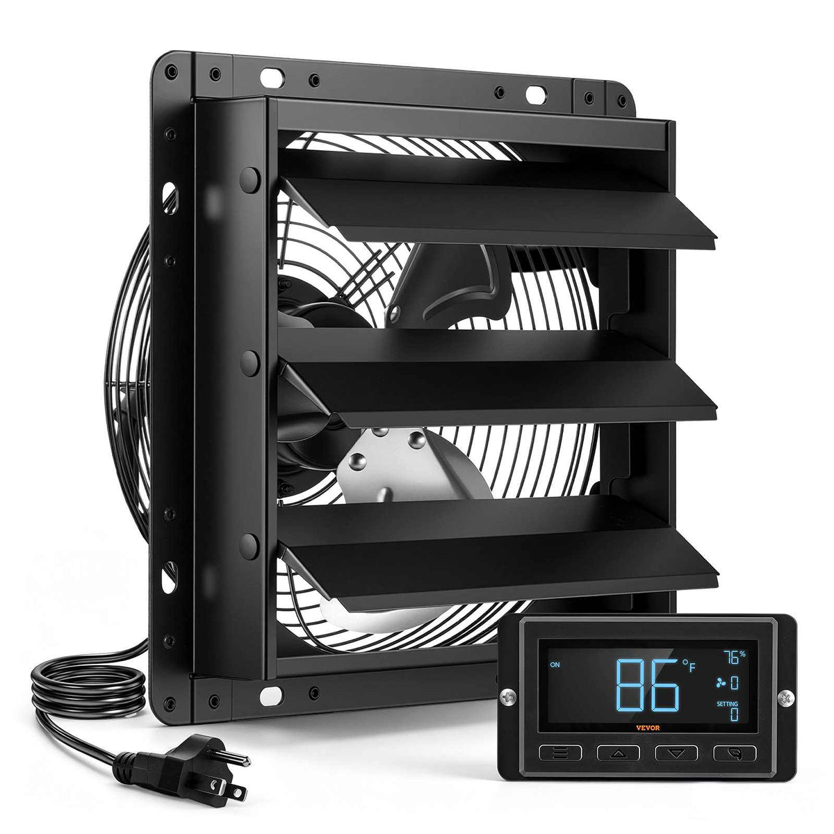 10 Inch Shutter Exhaust Fan Wall Mounted Automatic Louvers EC Motor, Steel Housing, Temperature & Humidity Controller, Ventilation & Cooling for Attic, Garage, Barn, Greenhouse, Workshop, Black