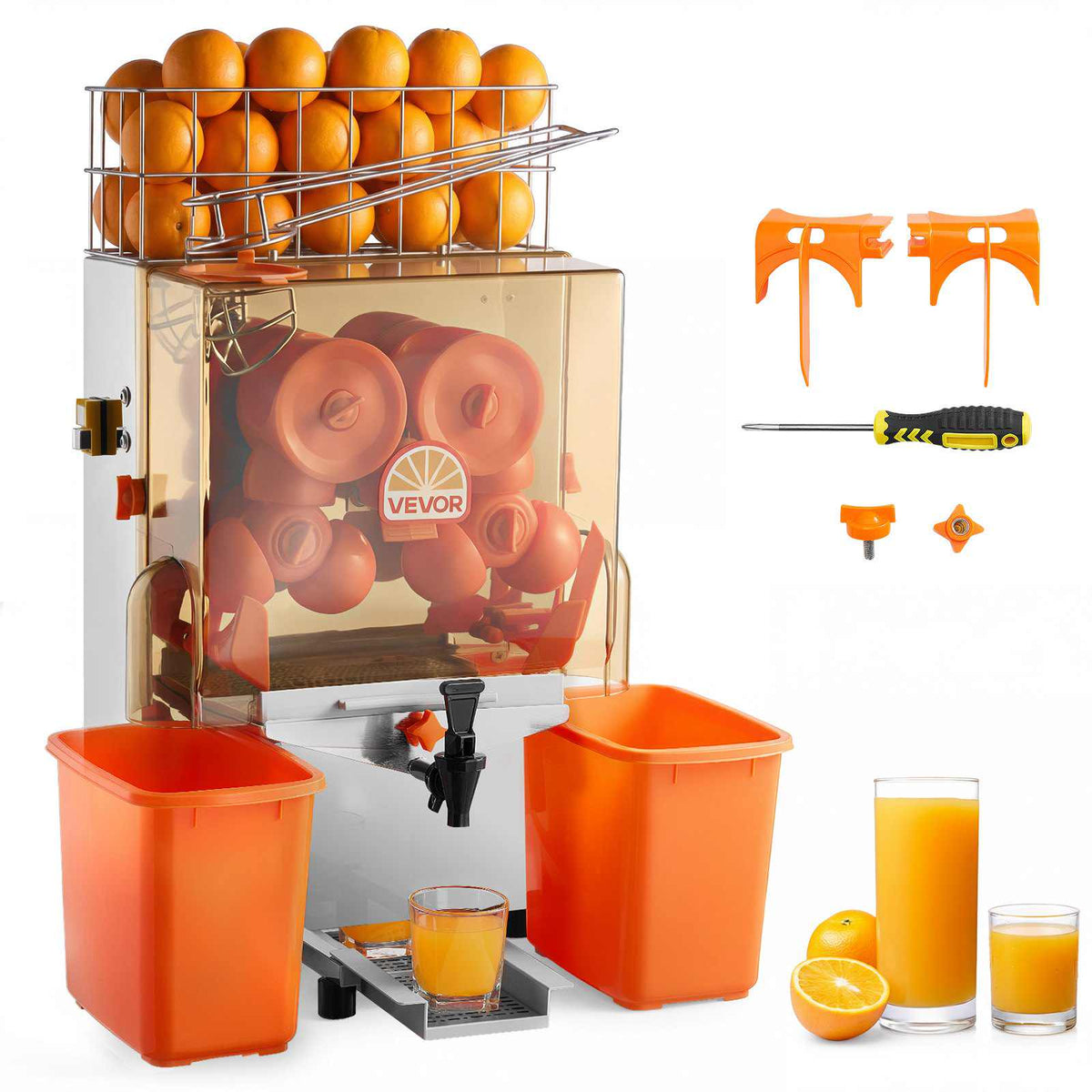 Commercial Orange Juicer Machine, 120W Electric Orange Juice Press, Stainless Steel Orange Squeezer for 20 per Minute, Lemon Citrus Pomegranates Extractor with Water Tap, Peels Collecting Bucket