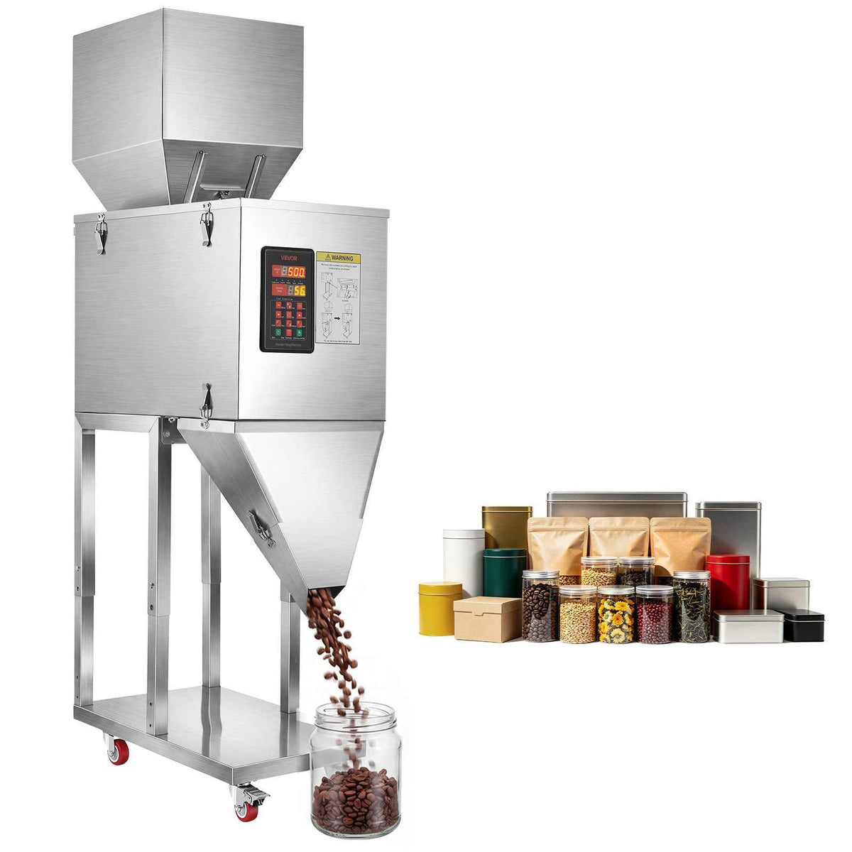 Powder Filling Machine, 20-5000g (0.04-11.02lbs) Automatic Particle Dispenser, Stainless Steel, Smart Weighing Dispensing Filler w/ Foot Pedal, for Coffee Beans, Grains, Tea, Spices, Silver