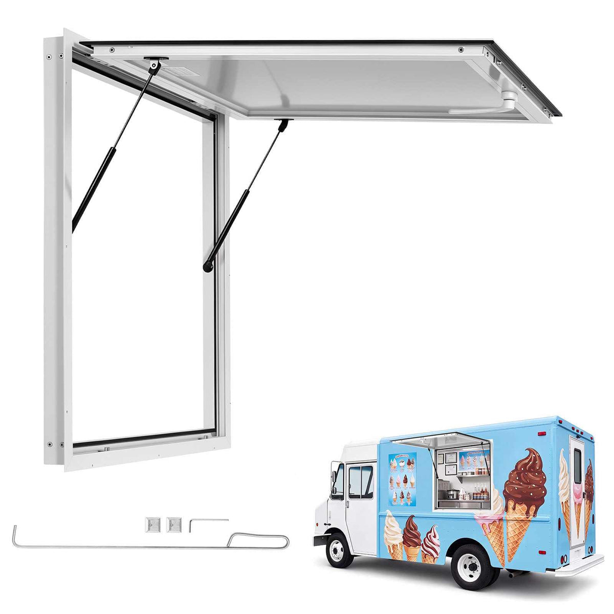 Concession Window 36x36 in Aluminum Alloy Frame Service Window, for Food Truck, Up to 85 Degrees Stand Serving with Awning Door and Drag Hook, Rainwater Resistant for Concession Trailer
