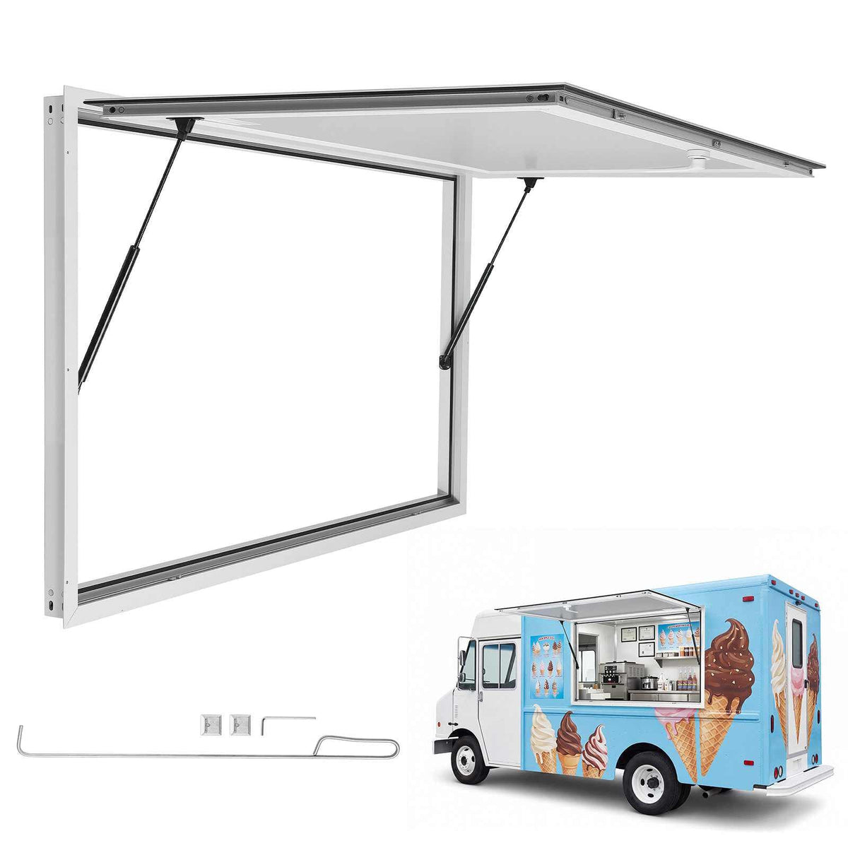 Concession Window 60x36 in Aluminum Alloy Frame Service Window, for Food Truck, Up to 85 Degrees Stand Serving Windows with Awning Door and Drag Hook, Rainwater Resistant for Concession Trailer