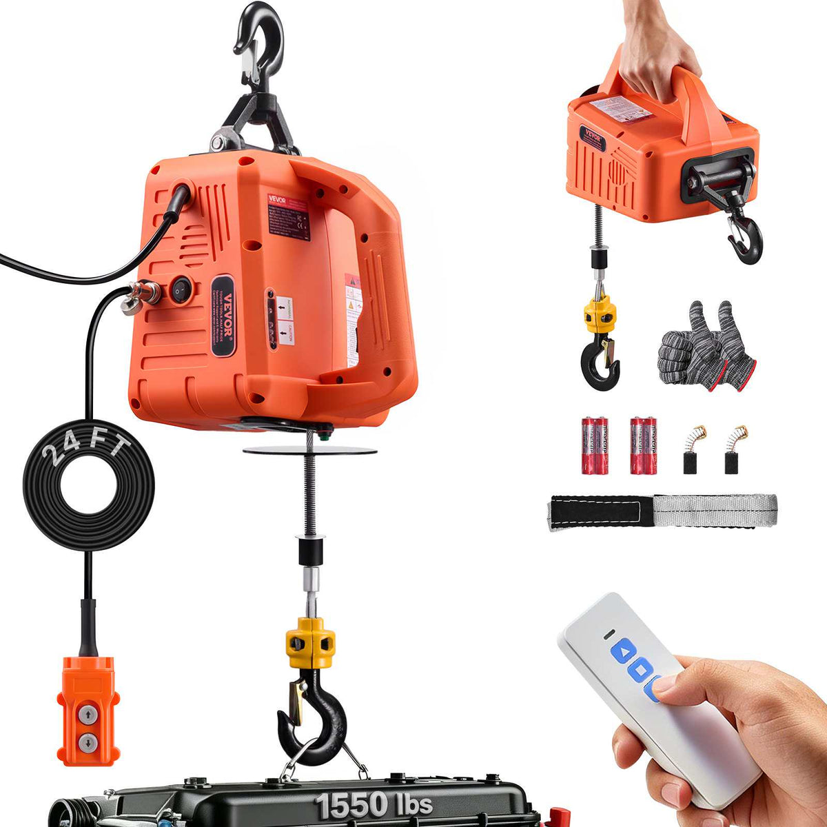 3-in-1 Electric Hoist Winch, 1550 lbs Capacity, 1500W Portable Power Winch Crane, 25 ft Lifting Height, 16.4 ft/min with Manual, Wired and Wireless Remote Control for Factory, Warehouss, Garage