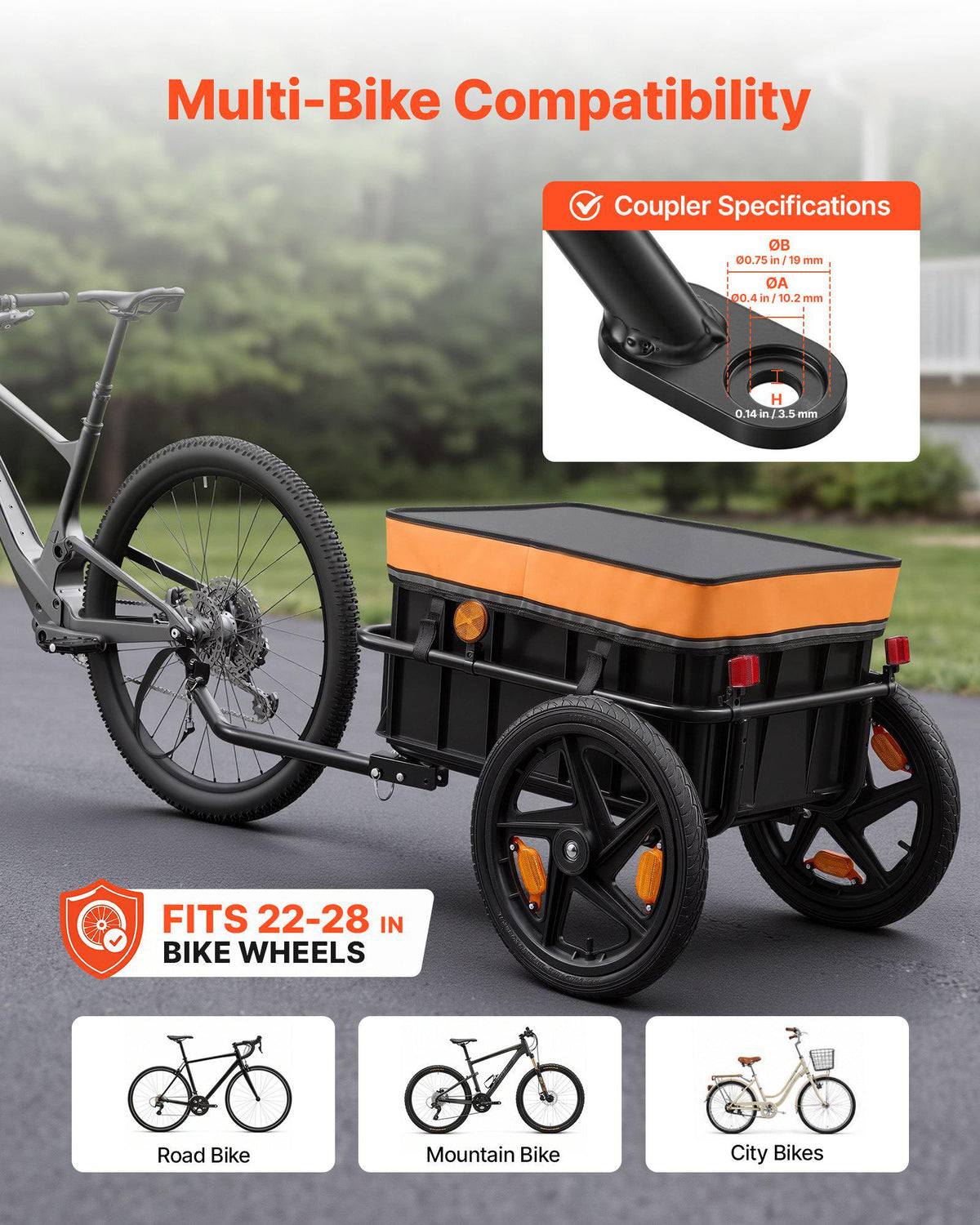 Bike Cargo Trailer 100 lbs 2-in-1 Pushcart Heavy-Duty Bicycle Wagon, Cart with Waterproof Cover, 7 in & 16 in Wheels, Reflector, Carbon Steel Frame, Fits 22-28 in Bike Wheels, for Carrying Cargo