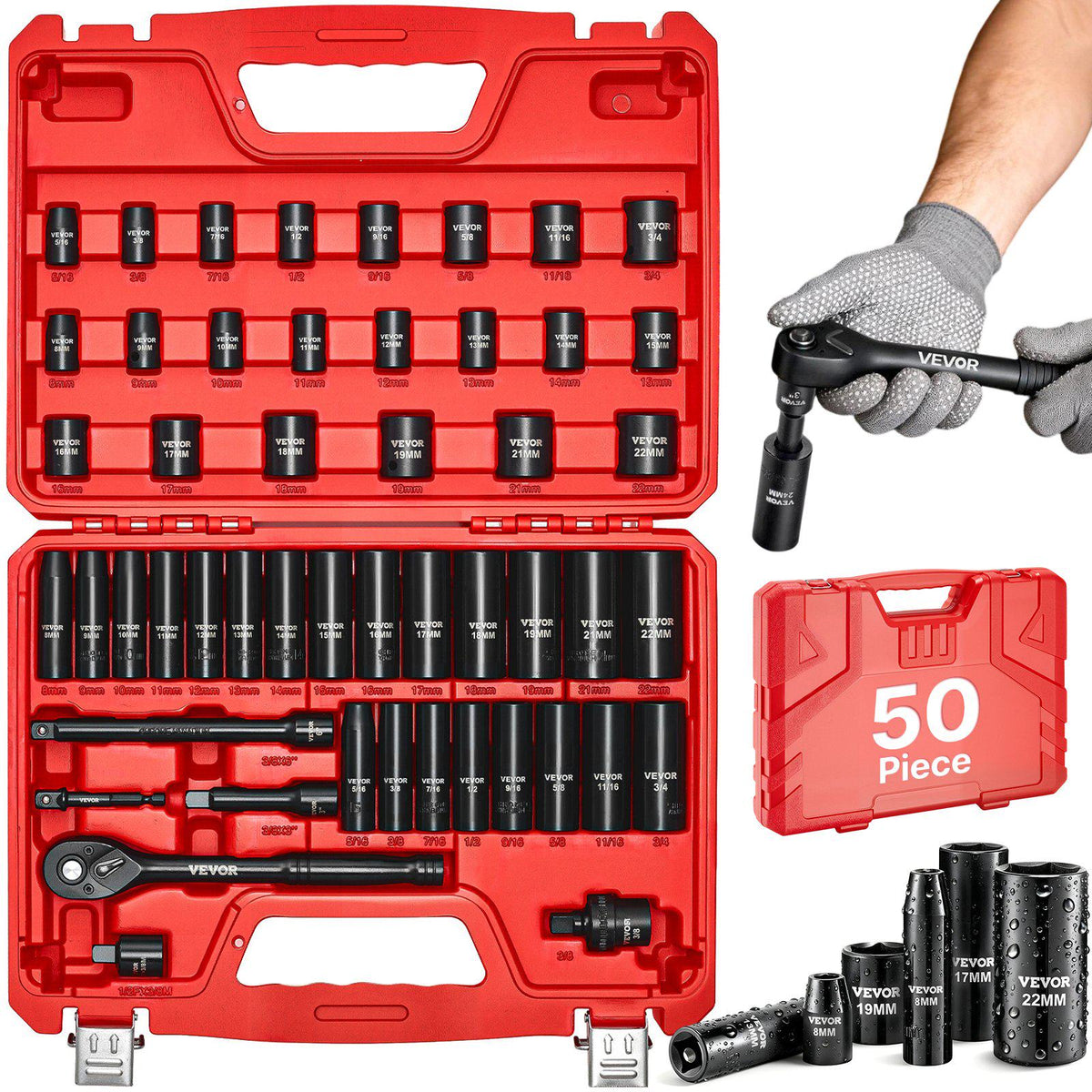 3/8 in Drive Impact Socket Set, 50 Piece, 6 Point Deep & Shallow Impact Sockets, SAE (5/16 in to 3/4 in) and Metric (8 to 22 mm) Sizes with 3 in & 6 in Extension Bars, Cr-V Steel, Carrying Case