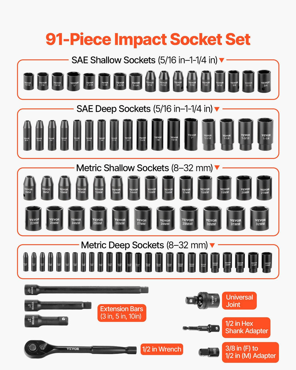 1/2 in Drive Impact Socket Set, 91 Piece, 6 Point Deep & Shallow Impact Sockets, SAE (5/16 to 1-1/4 in) and Metric (8 to 32 mm) Sizes with Extension Bars (3, 5, 10 in), Cr-V Steel, Carrying Case