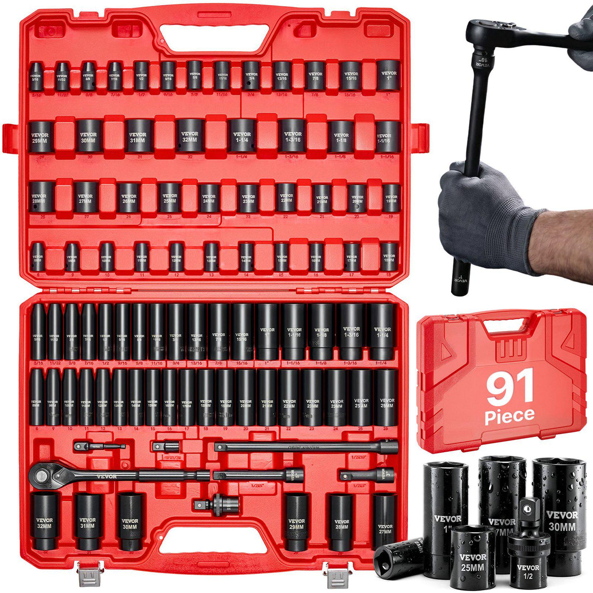 1/2 in Drive Impact Socket Set, 91 Piece, 6 Point Deep & Shallow Impact Sockets, SAE (5/16 to 1-1/4 in) and Metric (8 to 32 mm) Sizes with Extension Bars (3, 5, 10 in), Cr-V Steel, Carrying Case