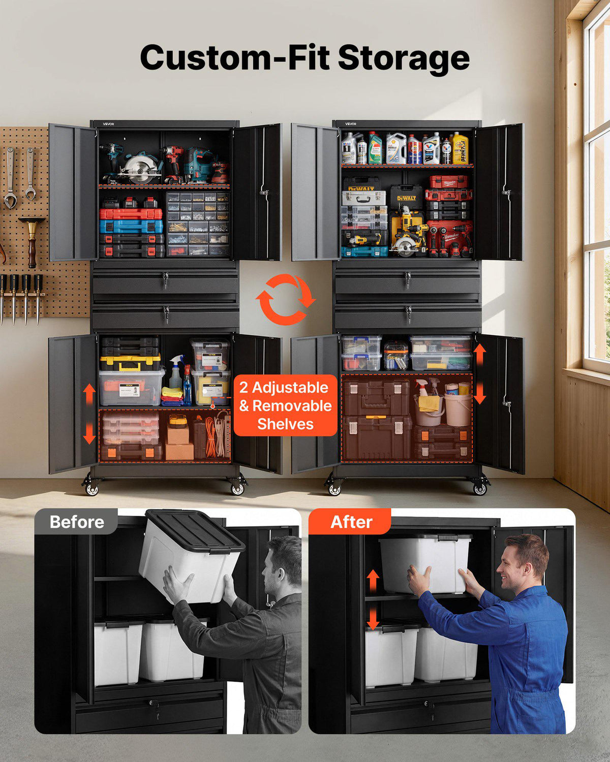 Metal Storage Cabinet with Wheels, 180 lbs Shelf Load Capacity, 75" Tall Rolling Garage Tool Storage Cabinet with 4 Locking Doors and Adjustable Shelves, 2 Drawers, for Garage, Office, Home
