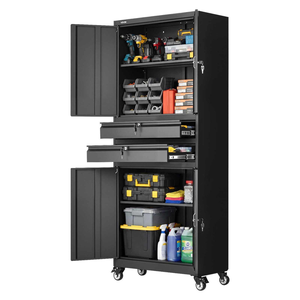 Metal Storage Cabinet with Wheels, 180 lbs Shelf Load Capacity, 75" Tall Rolling Garage Tool Storage Cabinet with 4 Locking Doors and Adjustable Shelves, 2 Drawers, for Garage, Office, Home