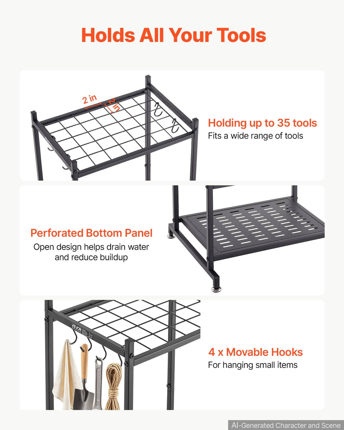 Garden Tool Organizer, 35 Slots with Hooks, Metal Garage Storage Rack, for Rakes/Shovels/Brooms, Yard Utility Tool Holder for Shed/Outdoor/Lawn Organization, Heavy-Duty Steel, Freestanding,Black