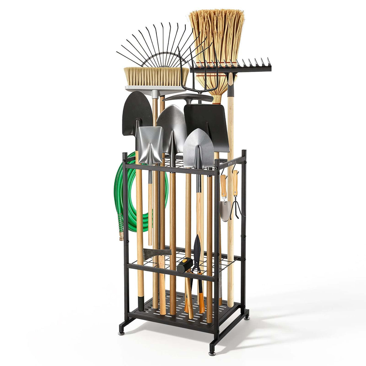 Garden Tool Organizer, 35 Slots with Hooks, Metal Garage Storage Rack, for Rakes/Shovels/Brooms, Yard Utility Tool Holder for Shed/Outdoor/Lawn Organization, Heavy-Duty Steel, Freestanding,Black