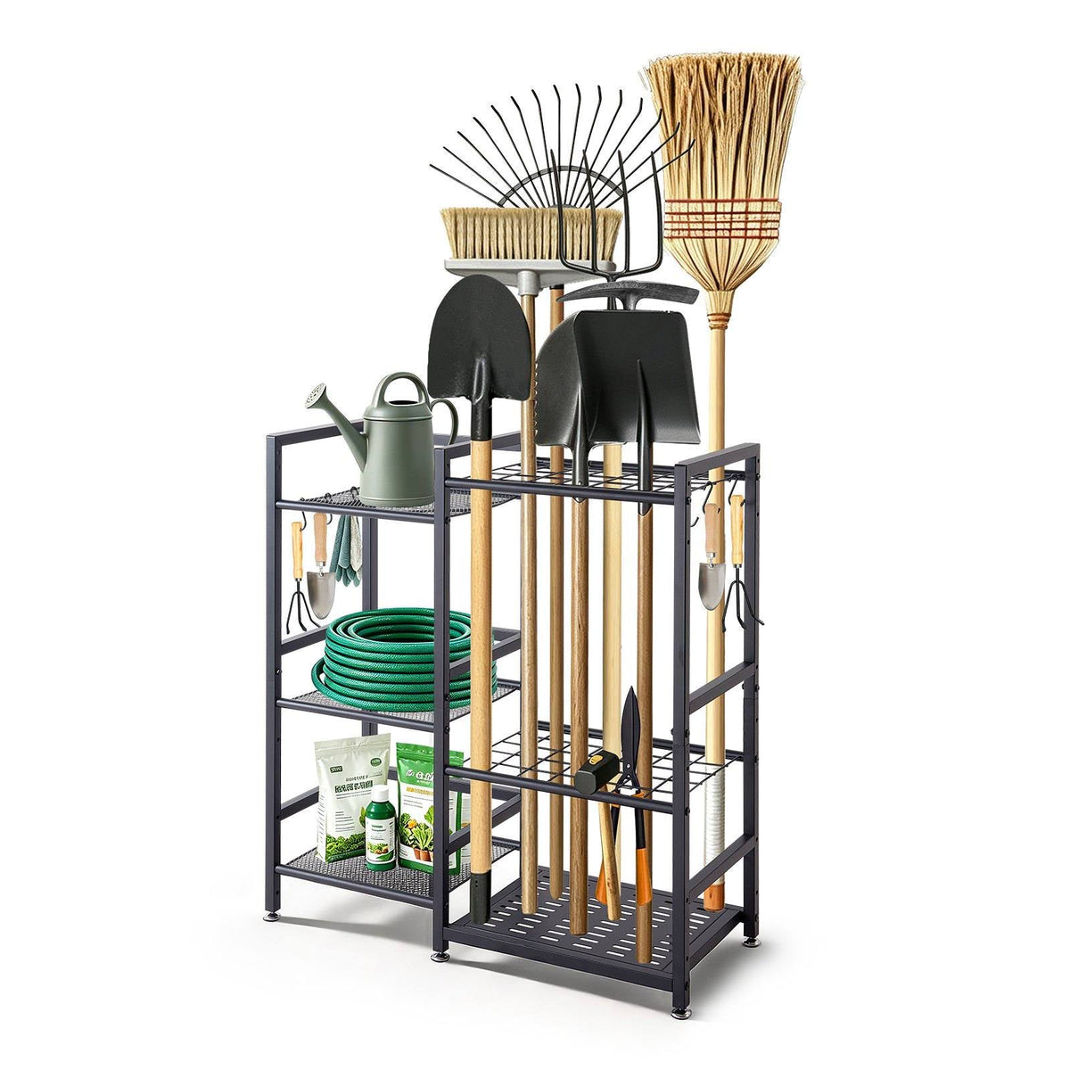 Garden Tool Organizer with Guard Rail, 3-Tier Metal Storage Rack, for Rakes/Shovels/Brooms, Yard Utility Holder for Garage/Shed/Outdoor/Lawn Organization, Heavy-Duty Steel, with Hooks, Black