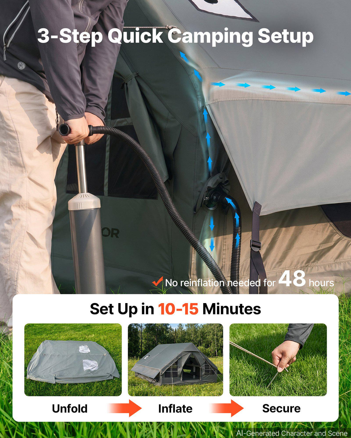 Inflatable Tent for Camping 5-8 Person Blow Up Tent with Hand Pump, for Family Outdoor Glamping, Waterproof 420D Oxford, Easy Setup Air House with Skylight, Stove Jack, Mesh Windows & Carry Bag