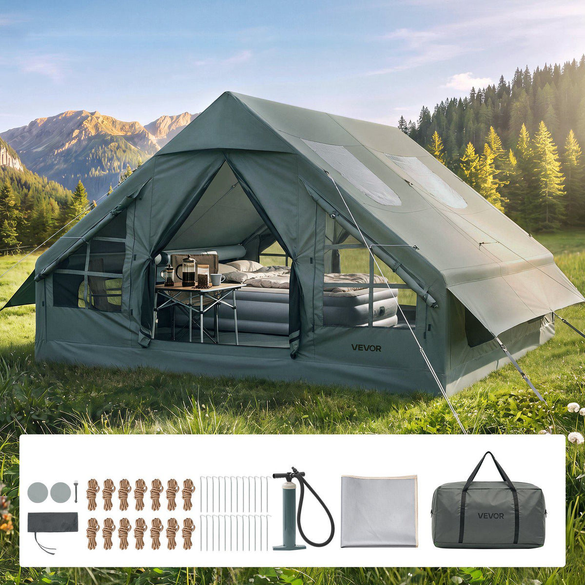 Inflatable Tent for Camping 5-8 Person Blow Up Tent with Hand Pump, for Family Outdoor Glamping, Waterproof 420D Oxford, Easy Setup Air House with Skylight, Stove Jack, Mesh Windows & Carry Bag