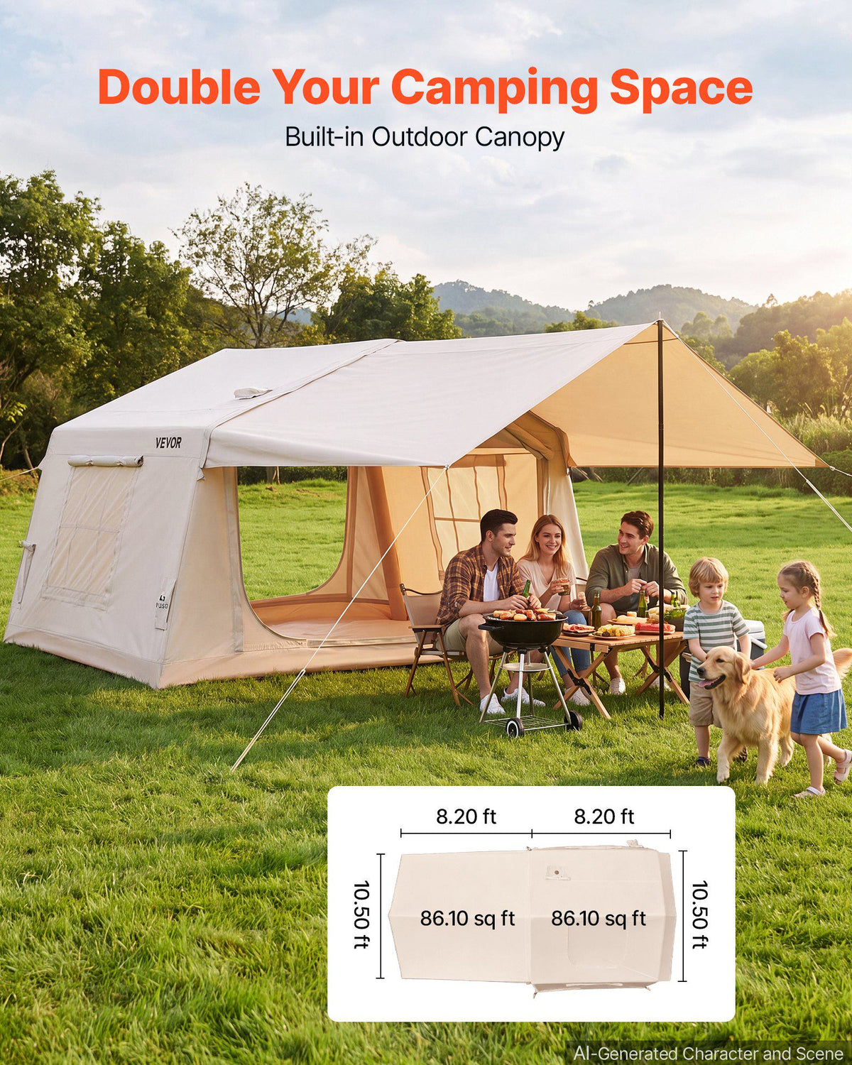 Inflatable Tent for Camping 2-4 Person Blow Up Tent with Hand Pump, for Family Outdoor Glamping, Waterproof 420D Oxford, Easy Setup Air House with Skylight, Canopy, Stove Jack & Mesh Windows