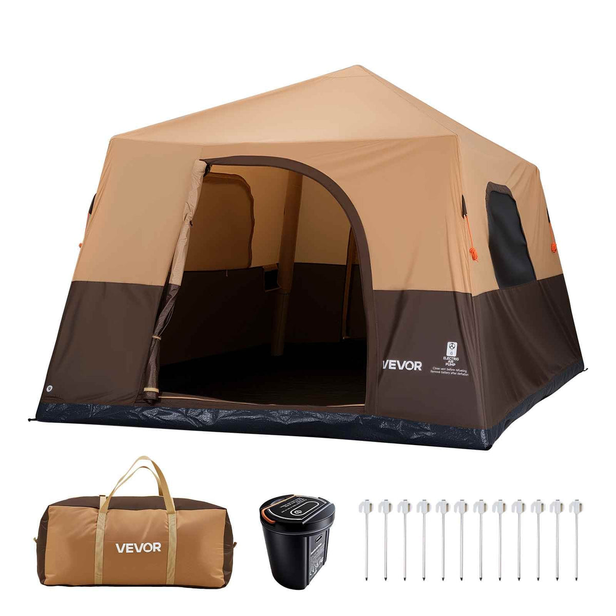 Camping Tent, 8 Person Inflatable Cabin Tent with Rechargeable Pump, TPU Air Tube & 4 Large Mesh Windows, Portable Easy Setup Waterproof with Carry Bag for Family Outdoor Camping & Hiking, Beige
