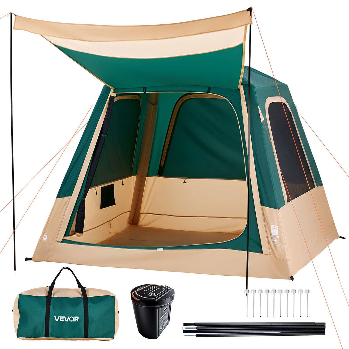 Camping Tent, 4 Person Inflatable Cabin Tent with Rechargeable Pump, TPU Air Tube & 5 Large Mesh Windows, Portable Easy Setup Waterproof with Carry Bag for Family Outdoor Camping & Hiking, Green