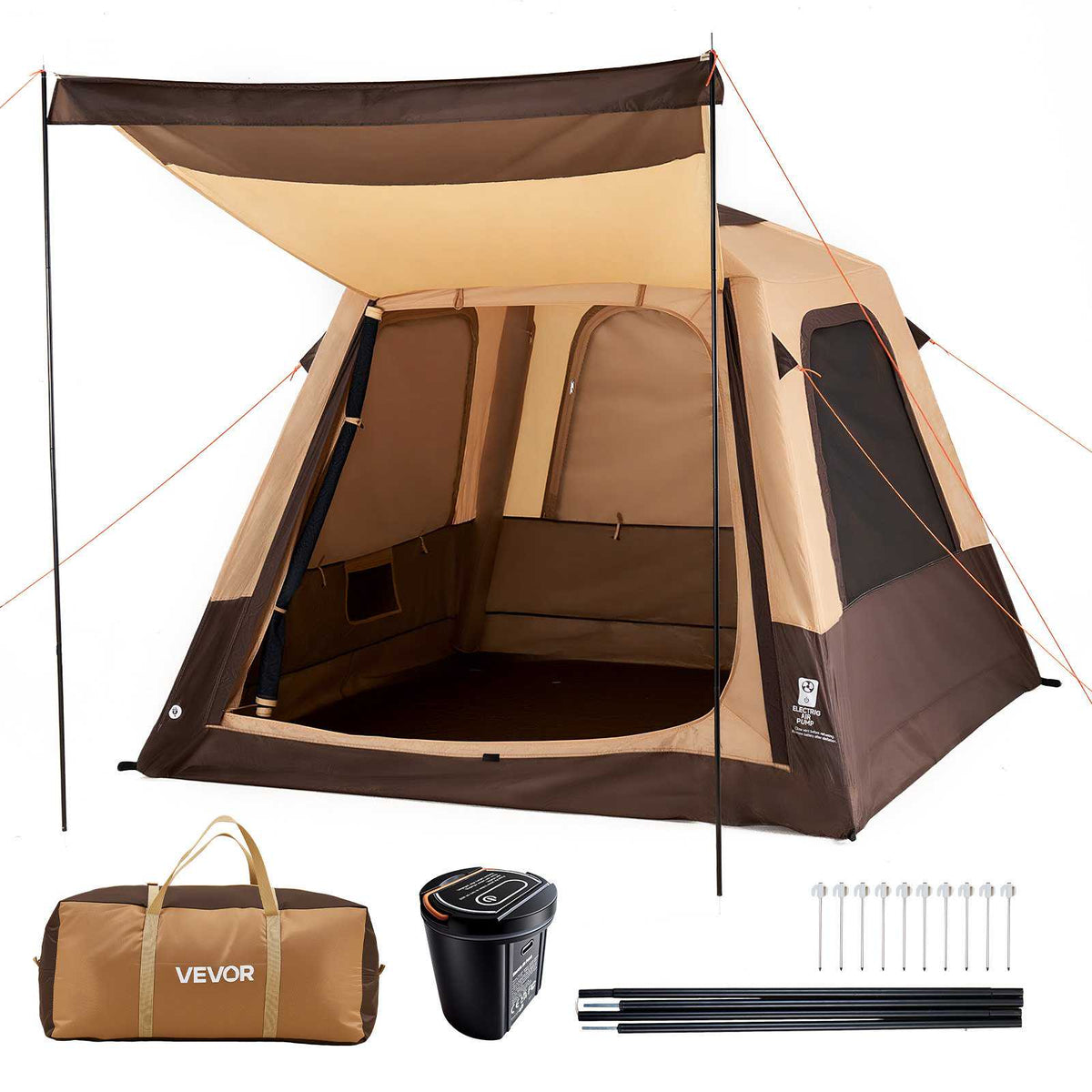 Camping Tent, 4 Person Inflatable Cabin Tent with Rechargeable Pump, TPU Air Tube & 5 Large Mesh Windows, Portable Easy Setup Waterproof with Carry Bag for Family Outdoor Camping & Hiking, Beige